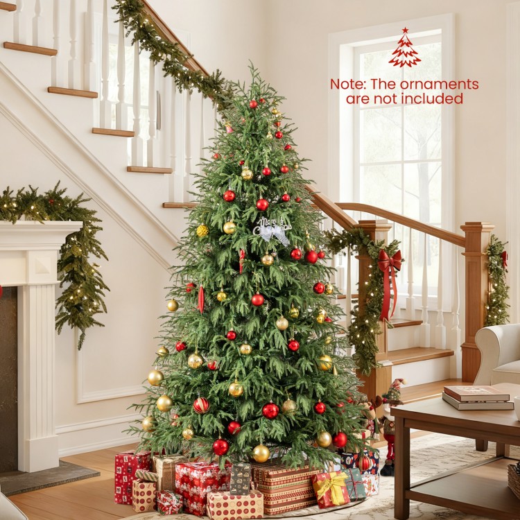 7-foot pre-lit artificial Christmas tree with soft branch tips and warm white LED lights, perfect for festive decor.