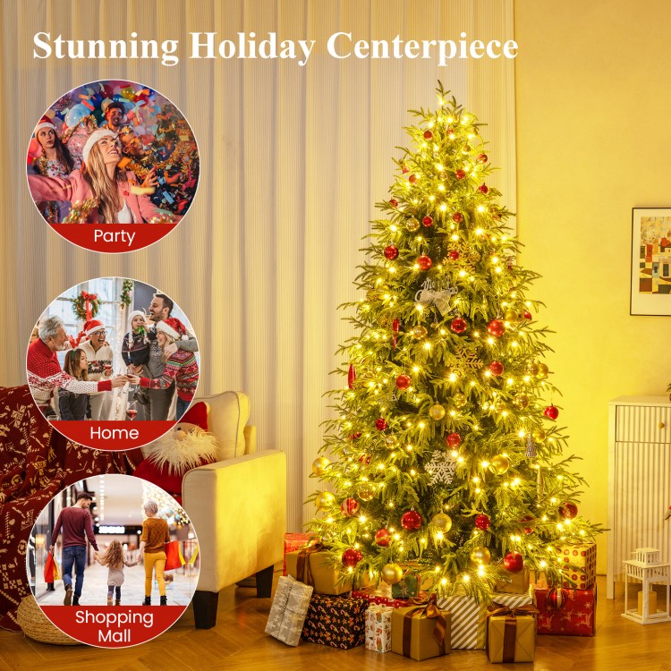 7-foot pre-lit artificial Christmas tree with soft branch tips, featuring warm white LED lights for festive holiday.