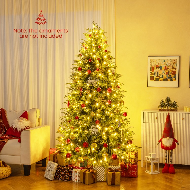 7 feet pre-lit artificial Christmas tree with soft branch tips, featuring warm white LED lights for festive decoration.