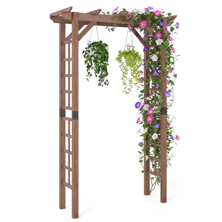 Wooden garden arch trellis in rustic brown, featuring climbing plant support and decorative hanging options for outdoor.