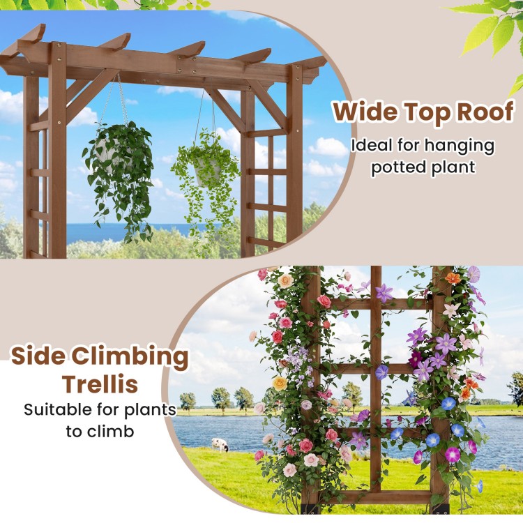 Wooden garden arch trellis in rustic brown, featuring a wide top roof for hanging plants and side climbing support.
