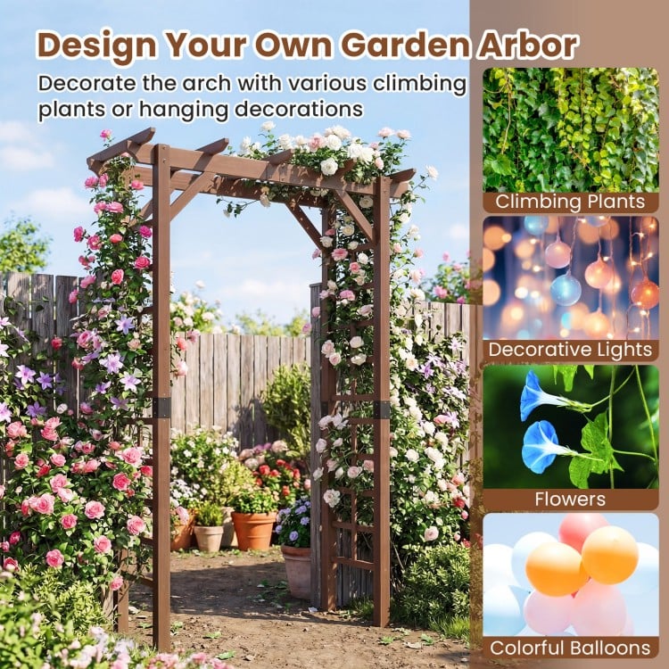 7 ft wooden garden arch arbor in rustic brown, perfect for climbing plants and decorative hanging items in outdoor.