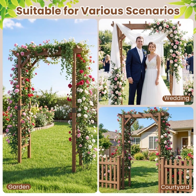 7 ft wooden garden arch arbor in rustic brown, perfect for climbing plants and versatile for weddings or patios.
