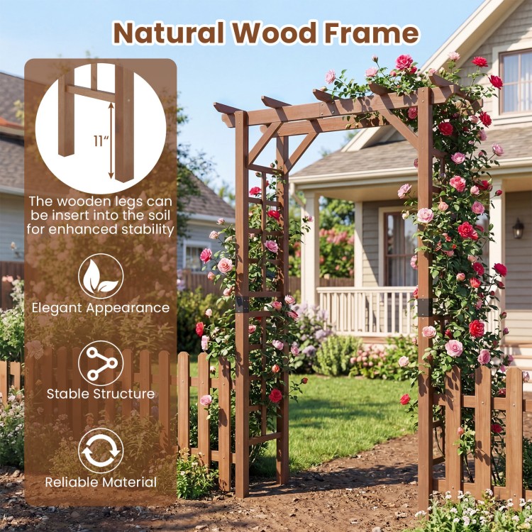 7 ft rustic brown wooden garden arch with trellis for climbing plants, featuring a durable fir wood frame and elegant.