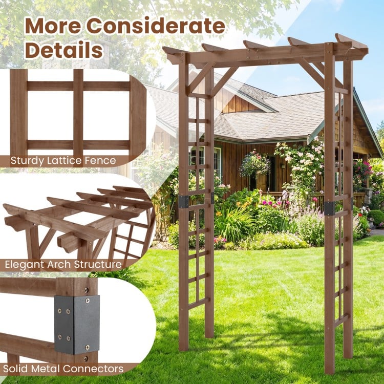 7 Ft garden arch wooden arbor in rustic brown, featuring sturdy lattice fence and elegant arch structure for climbing.