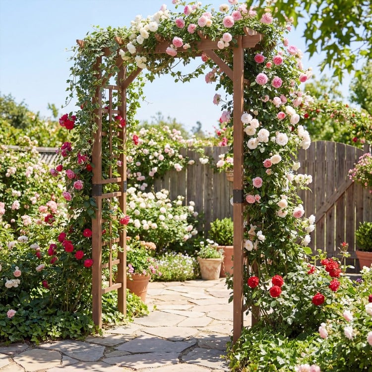 Wooden garden arch trellis in rustic brown, supporting climbing plants, ideal for outdoor weddings and decorative.