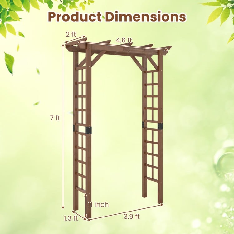 7 ft wooden garden arch trellis in rustic brown, designed for climbing plants with elegant grid and flat roof for.