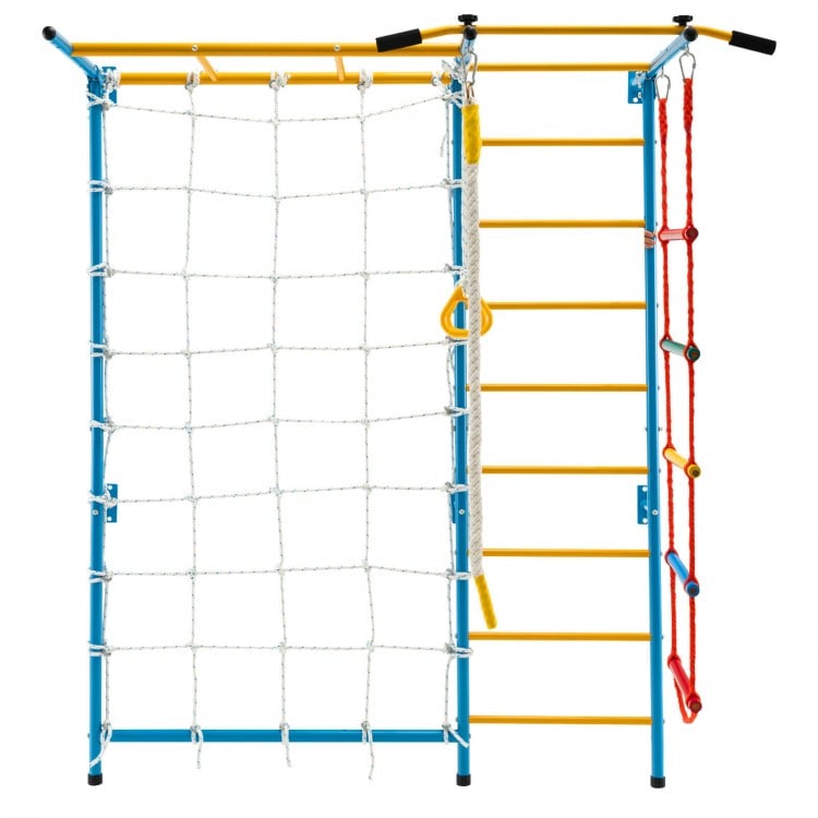 7-in-1 kids indoor gym playground with monkey bars, rope wall, and pull-up bar for active play and fun.
