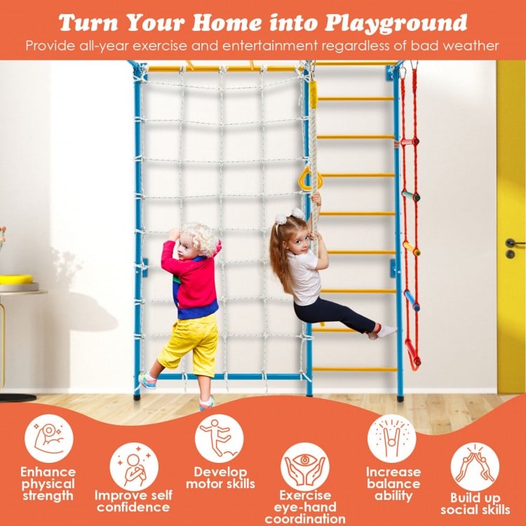 Kids indoor gym playground featuring a Swedish wall ladder, monkey bars, and rope wall for active play and exercise.