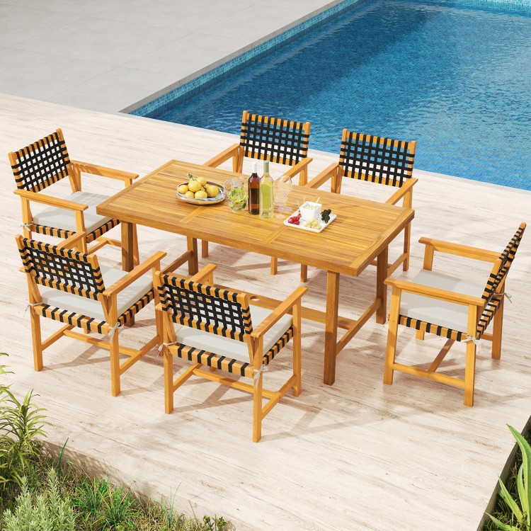 7-piece patio dining set featuring a rectangular acacia wood table and 6 armchairs with woven rope seats, perfect for.