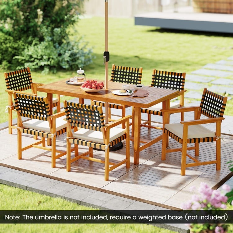 7-piece patio dining set with solid acacia wood table and 6 armchairs, perfect for outdoor gatherings and relaxation.