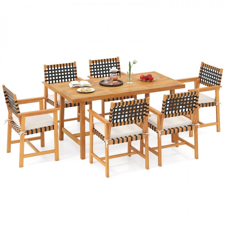 7-piece patio dining set featuring solid acacia wood table and 6 armchairs with woven rope seats, perfect for outdoor.