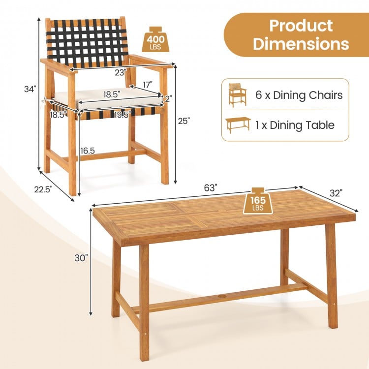 7-piece patio dining set featuring a rectangular acacia wood table and 6 armchairs with padded cushions for outdoor.