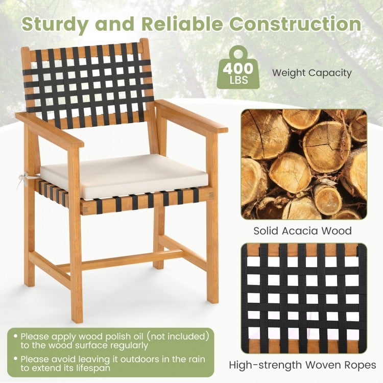 High-back armchair from a 7-piece patio dining set, crafted from solid acacia wood with woven rope for outdoor comfort.
