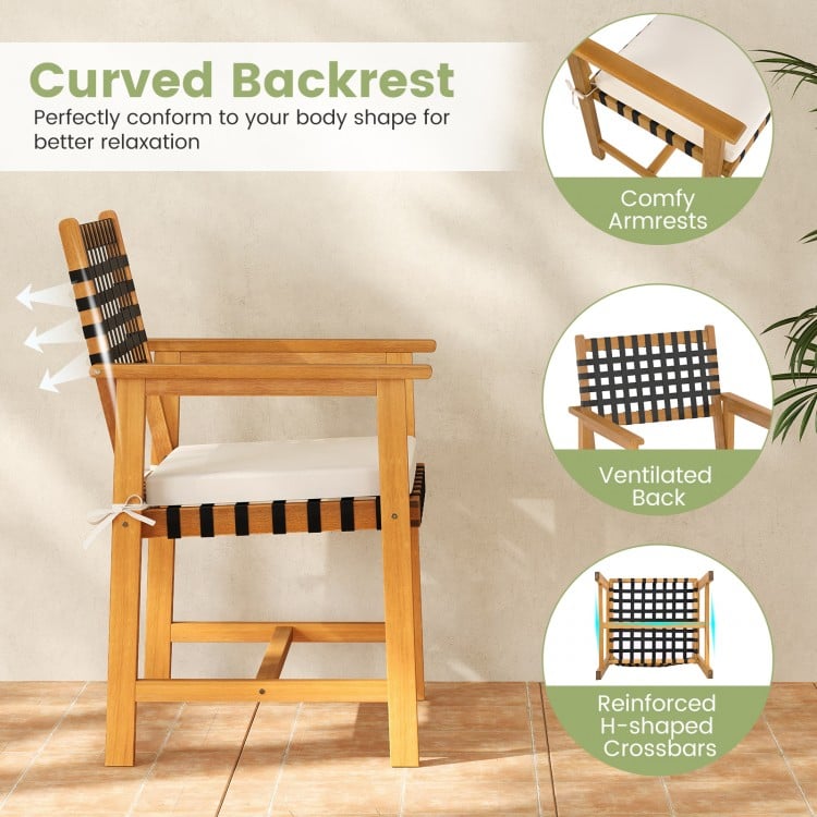 Curved backrest armchair from a 7-piece patio dining set, crafted from solid acacia wood for outdoor relaxation.