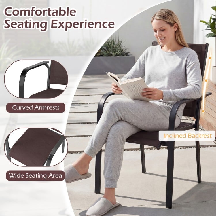 Stackable breathable mesh armchair with curved armrests and inclined backrest for comfortable outdoor seating.