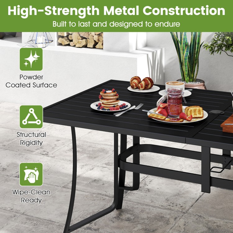 Rectangle metal table with stackable breathable mesh armchairs, perfect for outdoor dining and summer gatherings.