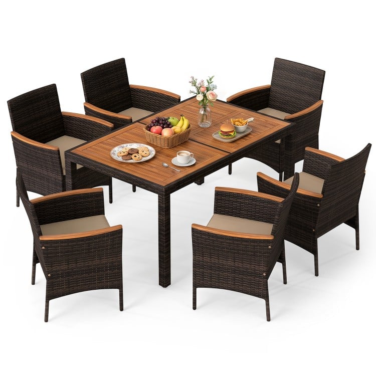 7-piece patio dining set featuring a wood tabletop, padded chairs, and ergonomic armrests, ideal for backyard.