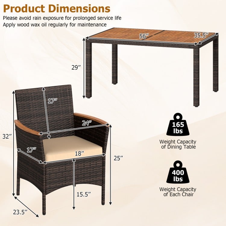 7-piece patio dining set featuring a spacious acacia wood tabletop and padded chairs for outdoor comfort and gatherings.