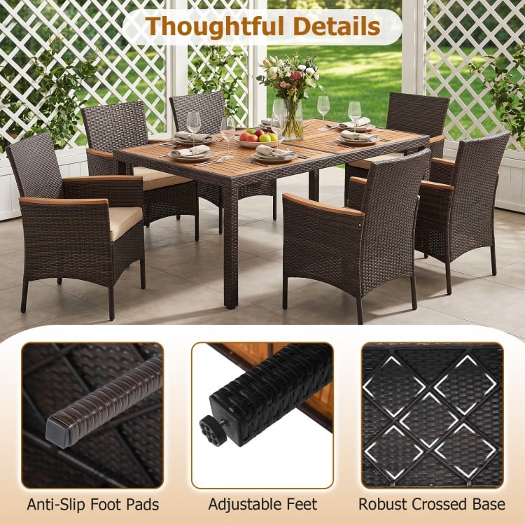 7-piece patio dining set featuring a spacious acacia wood tabletop and padded chairs, perfect for backyard gatherings.