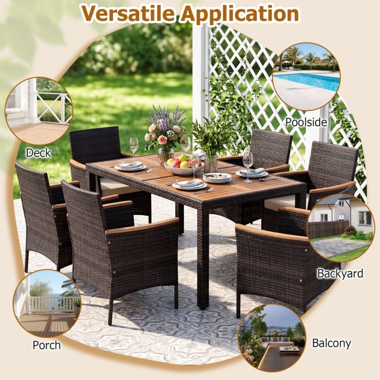 7-piece patio dining set featuring a wood tabletop and padded cushions, ideal for backyard gatherings and outdoor.
