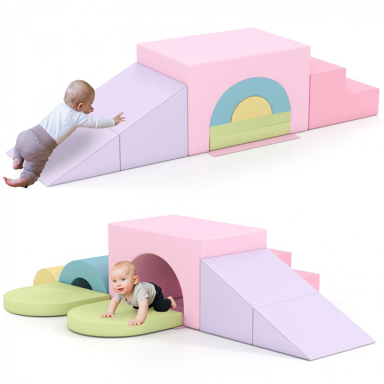 Soft foam toddler climbing blocks set in pink, featuring a tunnel and wedge for crawling and sliding fun.