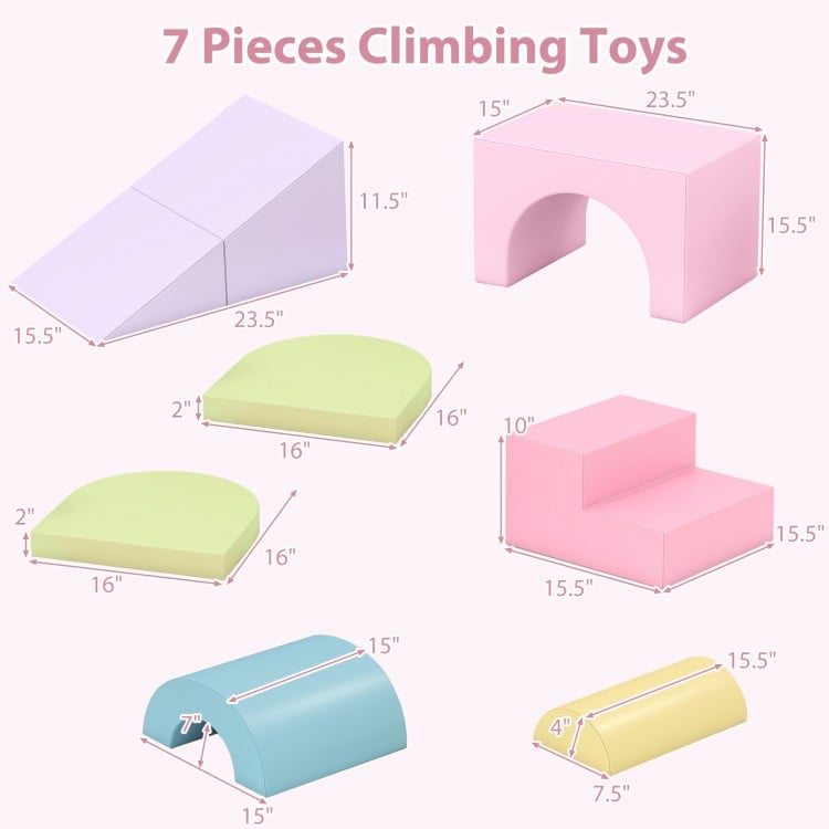 7-piece soft foam toddler climbing blocks set in pink, featuring various shapes for crawling and climbing fun.