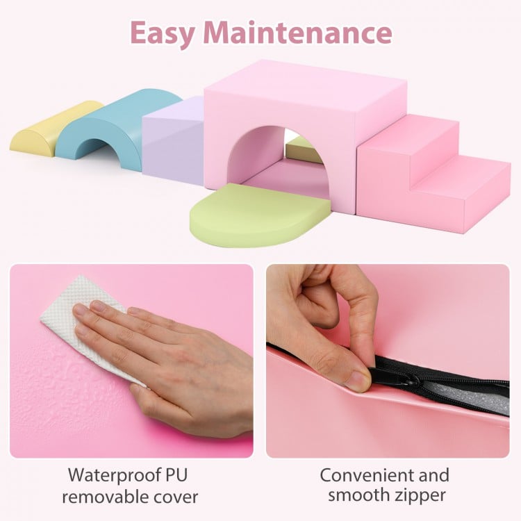 Soft foam toddler climbing blocks set in pink with waterproof PU cover for easy maintenance and versatile play.