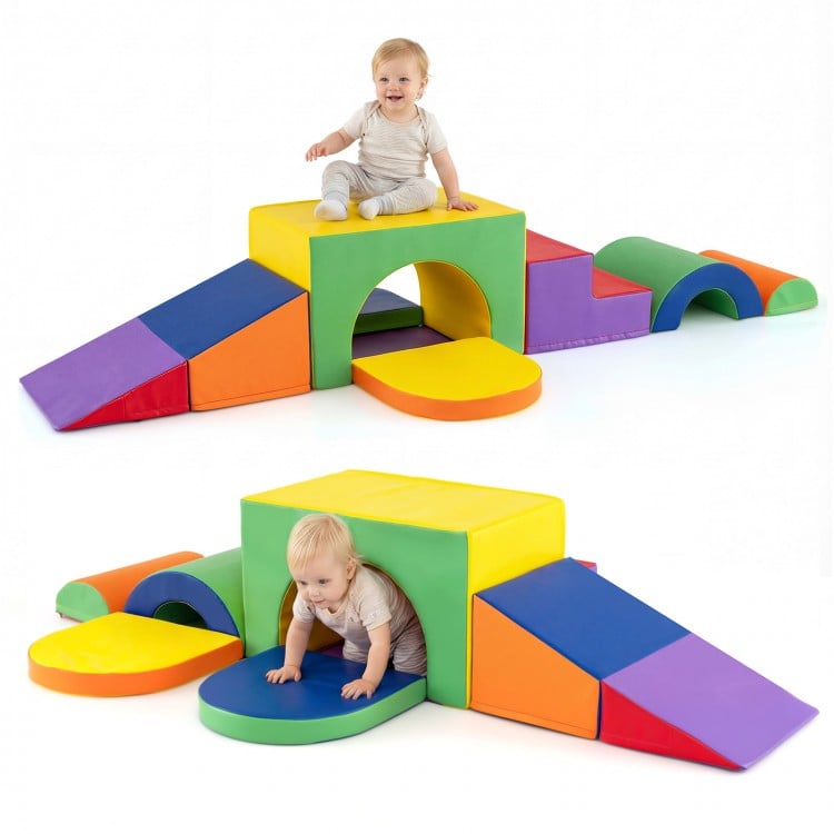 Colorful 7-piece soft foam toddler climbing blocks set with tunnel and wedge, perfect for 1+ year olds' active play.