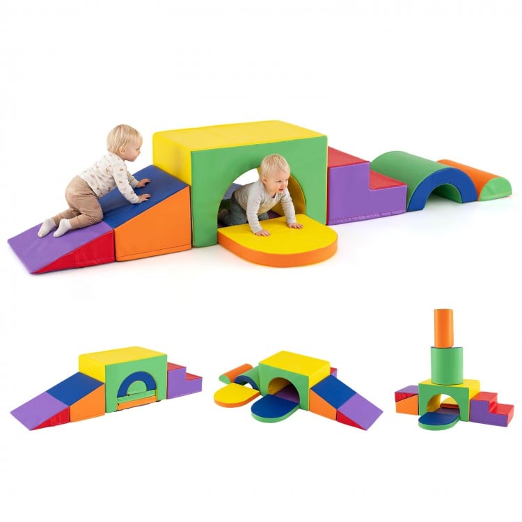 Colorful 7-piece soft foam climbing blocks set for toddlers, featuring a tunnel and slide for active play and.