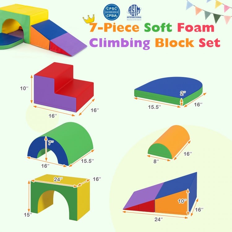 7-piece soft foam climbing block set in various colors, designed for toddlers aged 1+, perfect for crawling and.