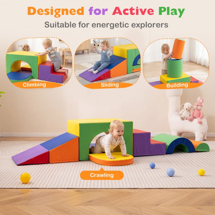 Colorful 7-piece soft foam toddler climbing blocks set for crawling, climbing, and sliding, designed for active play.