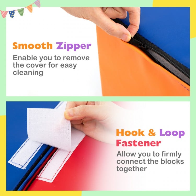 Close-up of the smooth zipper on the 7-piece soft foam toddler climbing blocks set for easy cleaning.