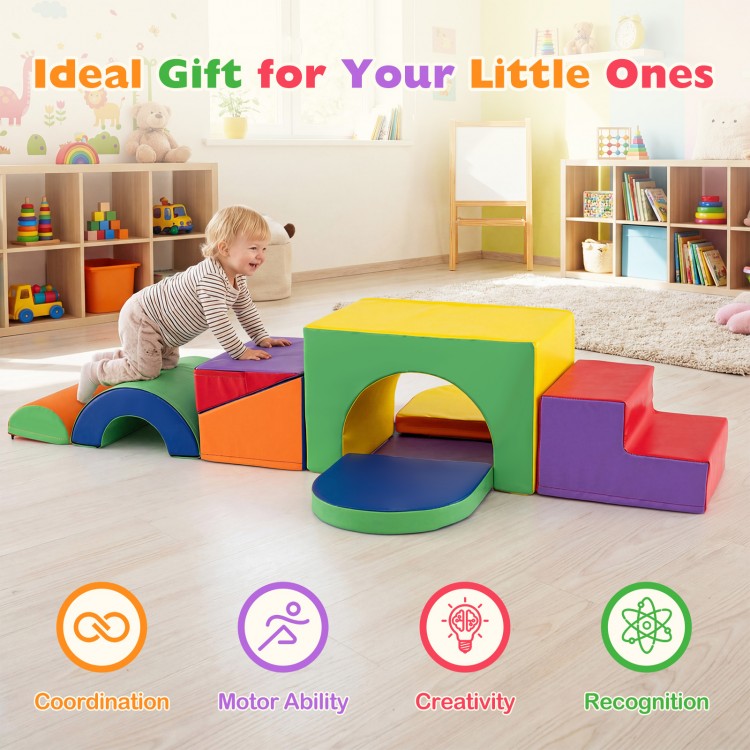 Colorful 7-piece soft foam toddler climbing blocks set for kids 1+, promoting coordination and creativity in play.