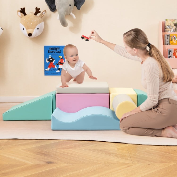 7-piece soft play equipment in vibrant colors, featuring foam climbing blocks for indoor play and creativity.