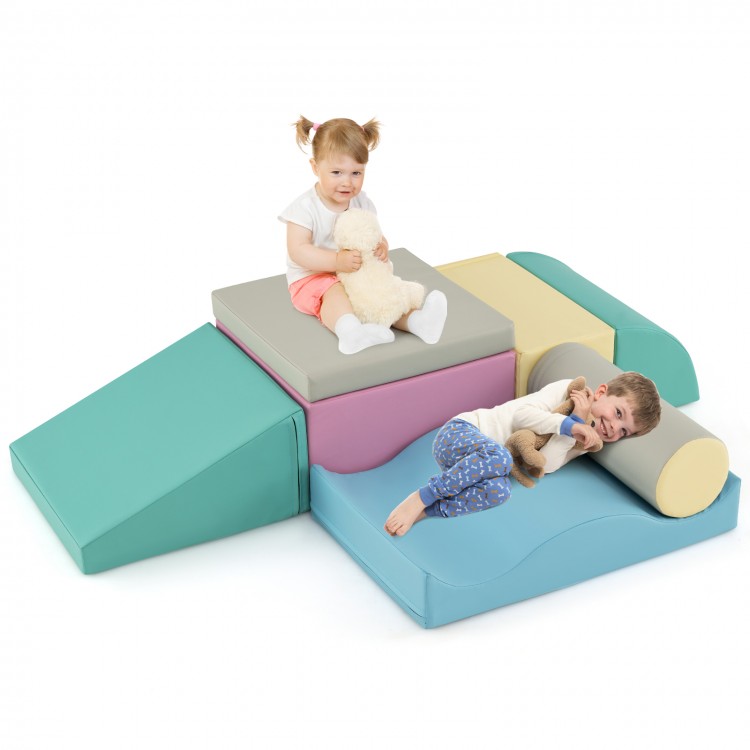 Two children play on colorful 7-piece soft foam climbing blocks with zippered PU cover, ideal for indoor fun and.