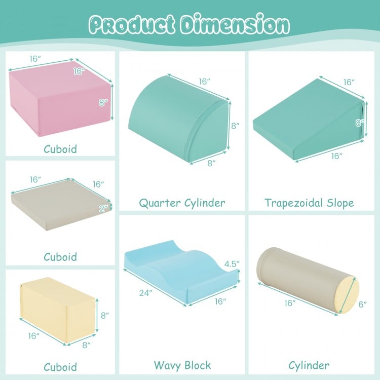 Dimensions of 7-piece soft play equipment including cuboid, quarter cylinder, and trapezoidal slope for indoor play.