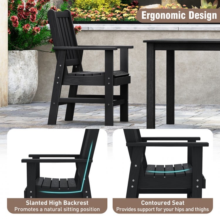 Black ergonomic patio dining chair with slanted high backrest and contoured seat, ideal for outdoor relaxation.