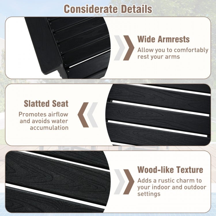 Slatted seat detail of the 7-piece patio dining set in black, featuring weather-resistant HDPE for outdoor use.