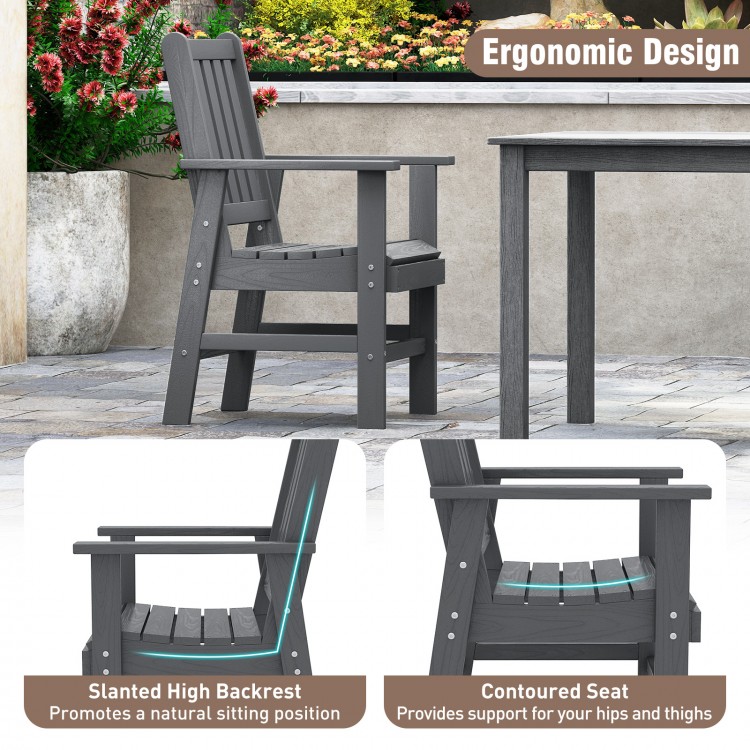 Patio dining chair with ergonomic design, contoured seat, and slanted high backrest for ultimate comfort in grey HDPE.