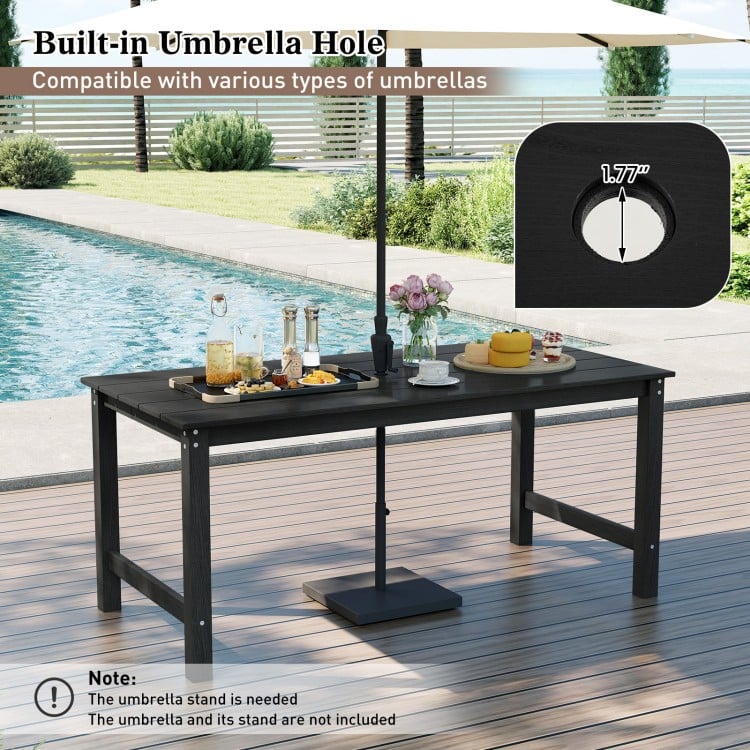 Patio dining set featuring a 67” black HDPE table with a 1.77” umbrella hole, ideal for outdoor dining and relaxation.