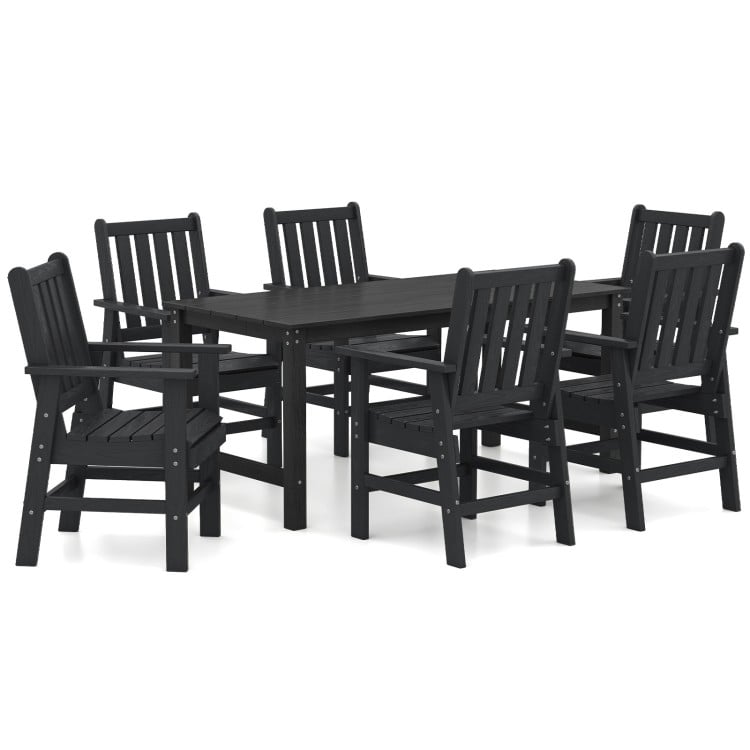 7-piece black patio dining set featuring HDPE weather-resistant table and chairs, perfect for outdoor dining.