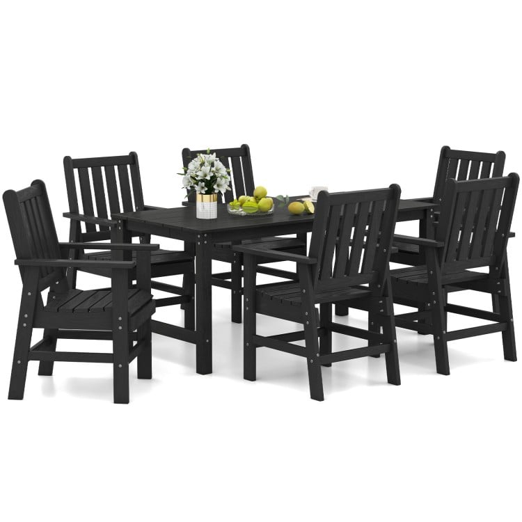 7-piece patio dining set in black with HDPE material, featuring a large table and comfortable chairs for outdoor dining.