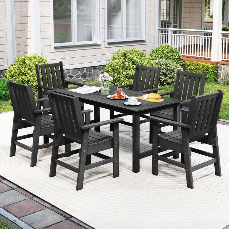 7-piece black patio dining set featuring a large table and comfortable chairs, perfect for outdoor dining and.
