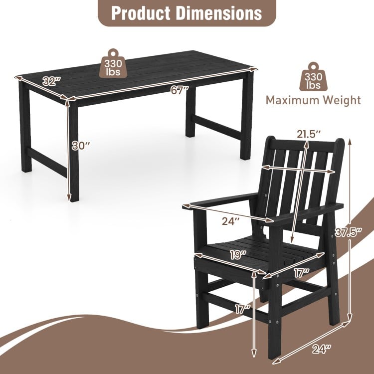 Patio dining set dimensions showing a black HDPE table and chair, ideal for outdoor use with a rustic wood-like finish.