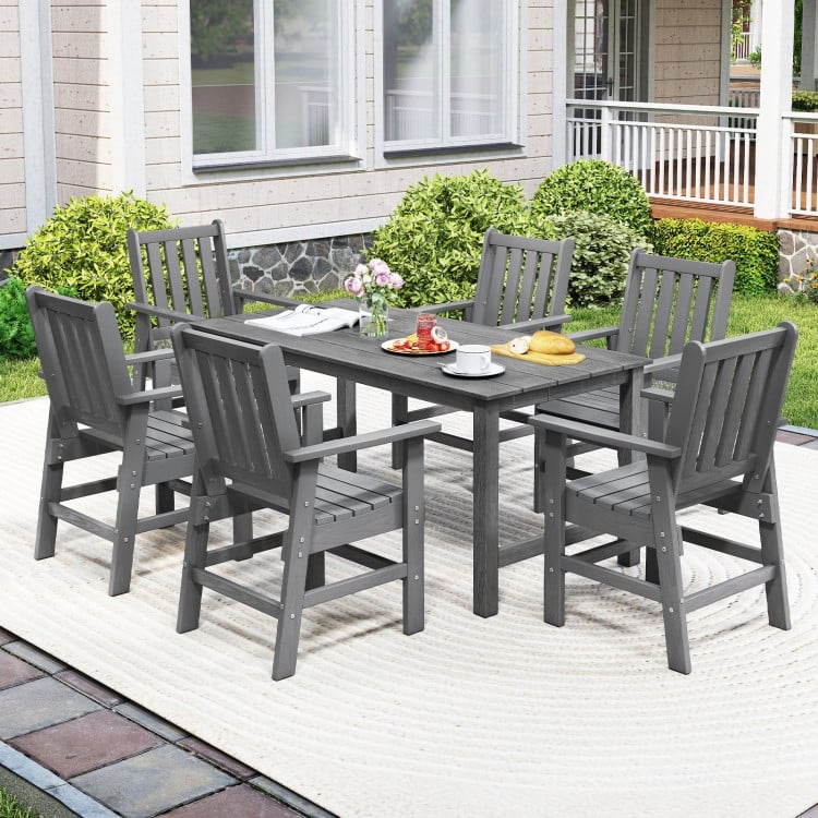 7-piece grey patio dining set featuring HDPE weather-resistant table and chairs, perfect for outdoor dining.