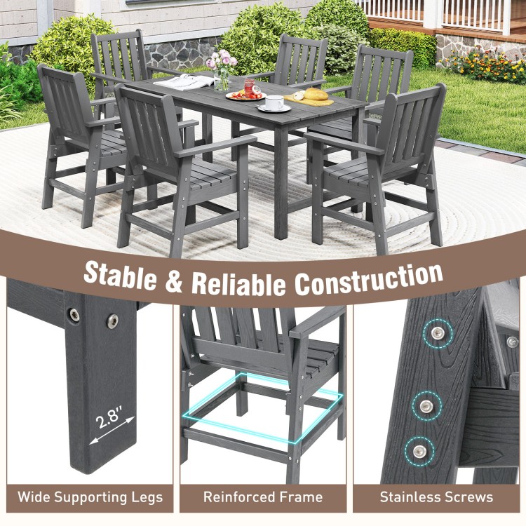 7-piece grey patio dining set featuring a large HDPE table and comfortable chairs, perfect for outdoor gatherings.