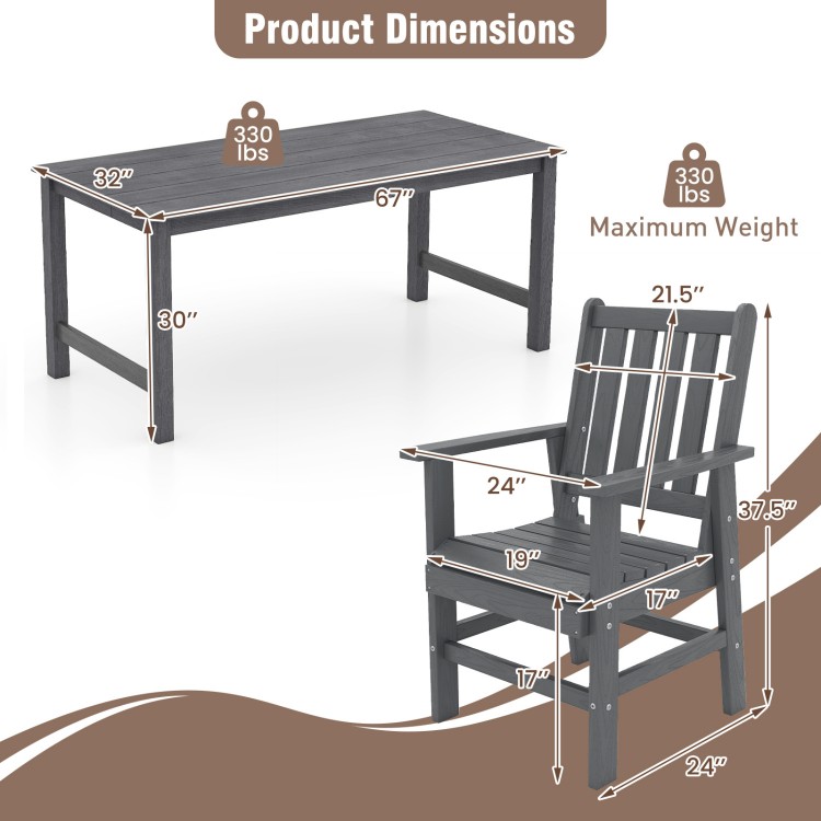 Dimensions of the 7-piece patio dining set, featuring a grey HDPE table and chair with a rustic wood-like surface.