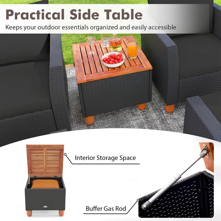 Practical side table with acacia wood top, interior storage, and PE rattan design for outdoor patio convenience.