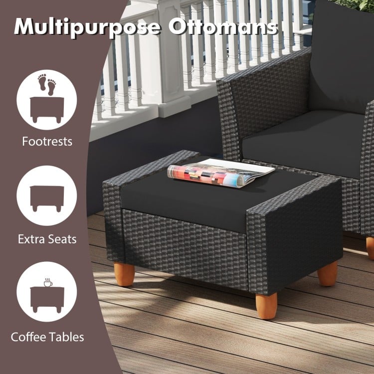 Multipurpose ottoman in black PE rattan, serving as a footrest or coffee table, ideal for outdoor patio use.